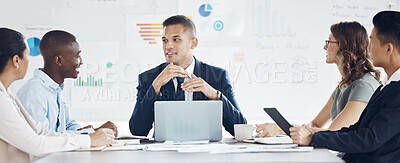 Buy stock photo Ceo, planning and business people in a financial meeting for kpi analytics, digital marketing data or our vision. Management, teamwork and employees talking or speaking of a seo advertising strategy