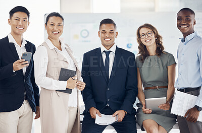 Buy stock photo Portrait, marketing and advertising team, happy and smile for teamwork, support and collaboration for company growth. Diversity, community and corporate employee group with trust for business target