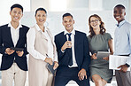 Business people, corporate team and collaboration with diversity for success, growth and innovation at advertising or marketing agency. Portrait of men and women smile in office for shared vision