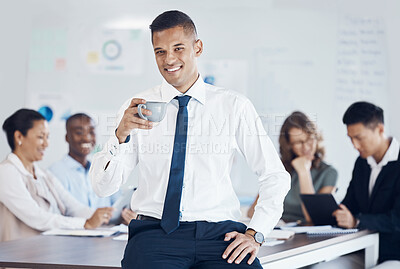 Buy stock photo Businessman, office and meeting with coffee in portrait at workplace with confidence, energy or happy. Finance manager, smile or happiness for project management, leadership or teamwork in accounting
