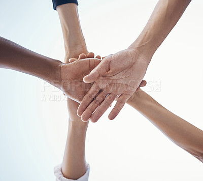 Buy stock photo Together, business hands and teamwork circle for community support, team building and career collaboration. Group of people hand stack sign for mission, trust and goal with below mock up background