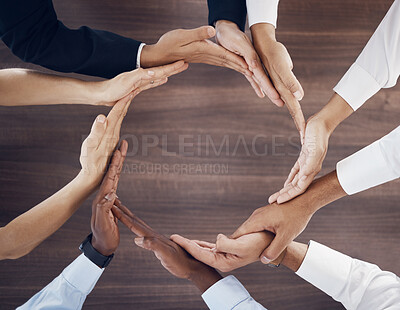 Buy stock photo Business diversity, hands and circle for teamwork, unity or trust in support for work collaboration at the office. Hand of diverse employee group in solidarity for agreement, community or partnership