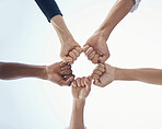 Fist bump, support and trust in team with team building motivation and success together. Hands, fist and teamwork, community with collaboration and partnership, diversity with group connection.