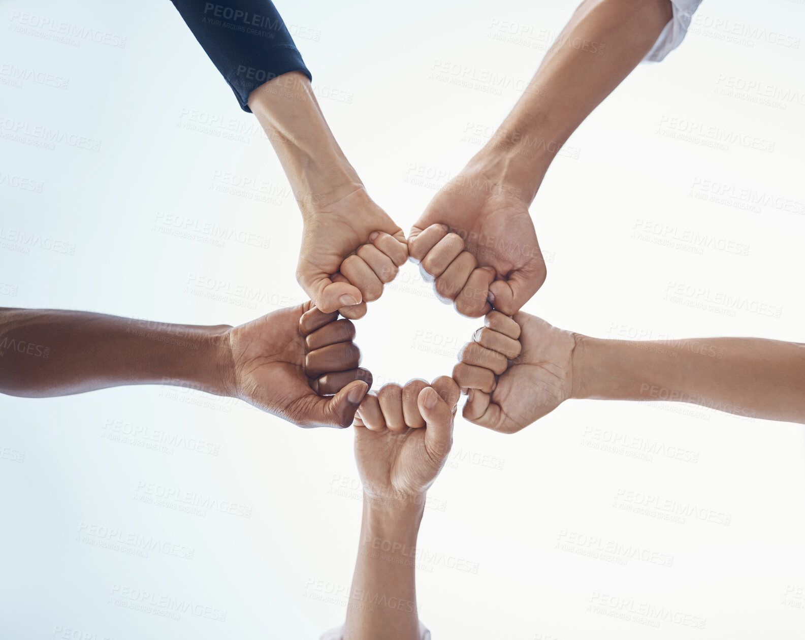 Buy stock photo Fist bump, support and trust in team with team building motivation and success together. Hands, fist and teamwork, community with collaboration and partnership, diversity with group connection.