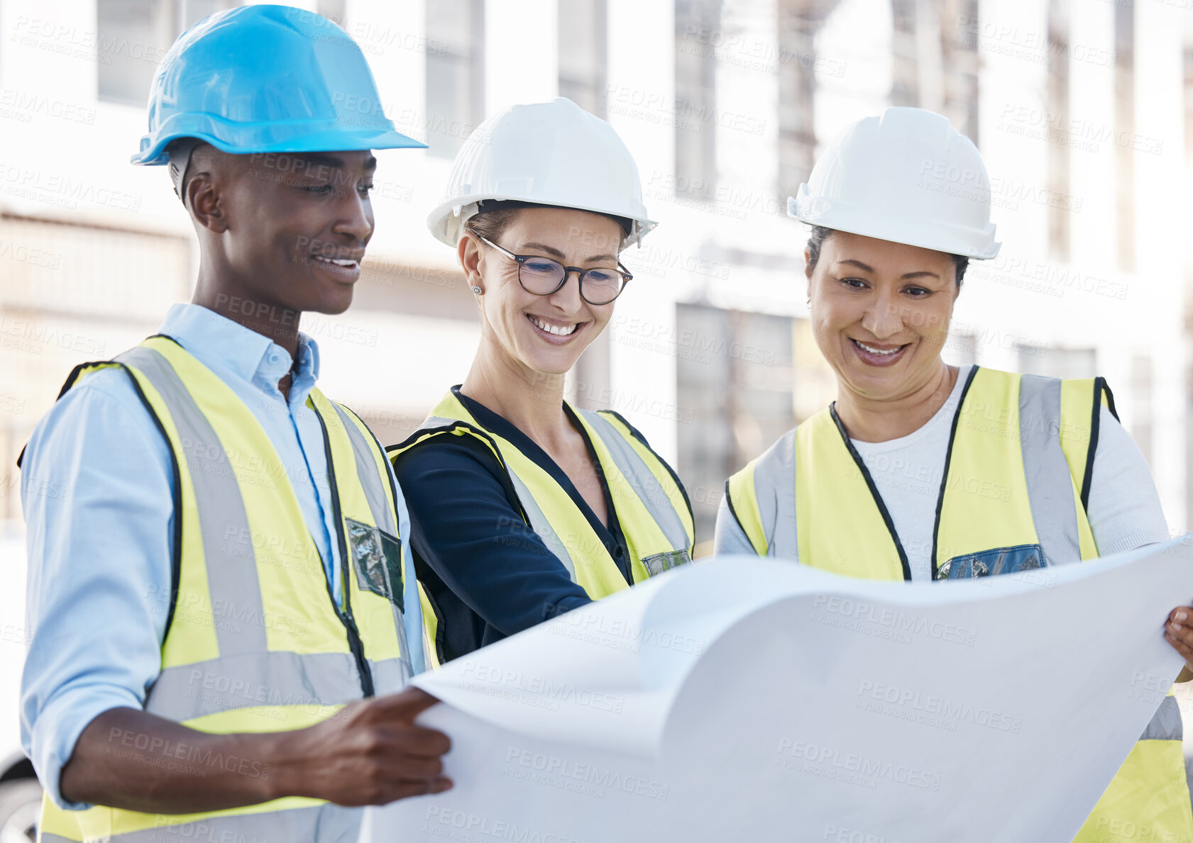 Buy stock photo Planning, construction and architects with a blueprint for building, engineering and vision for industrial project. Teamwork, design and creative employees with paper for architecture on a site