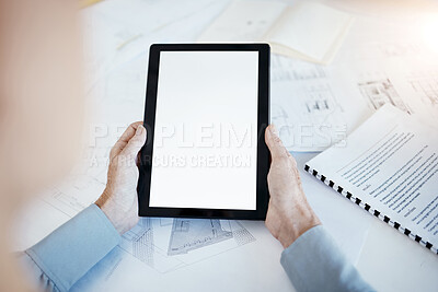 Buy stock photo Architecture, tablet mockup in hands of architect, business and blueprint plan with construction paperwork and technology. Digital, connection and building document with planning and engineering.