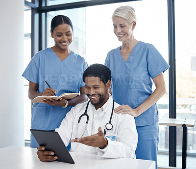 Buy stock photo People in hospital, medical team meeting doctor or digital innovation in healthcare with professional advice. Black man in expert career, results of experiment test or nurse group research medicine