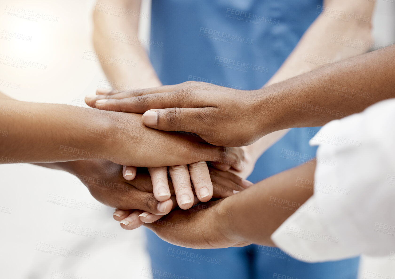 Buy stock photo Hands, team and doctors, health collaboration with diversity in healthcare and teamwork for partnership closeup. Medical group, professional and support with solidarity and community in health care.