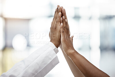 Buy stock photo Success, goals and business people high five for a target achievement with team on a development project. Congratulations, teamwork and hands of employees in celebration of winning a corporate deal
