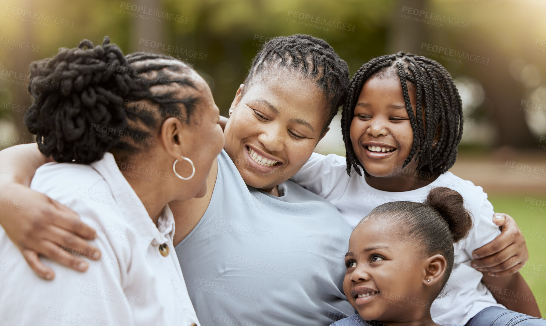 Buy stock photo Black family, park and children with a mother, grandmother and grandkids bonding outdoor during summer. Love, happy and smile with a girl, parent and grandparent outside in nature together