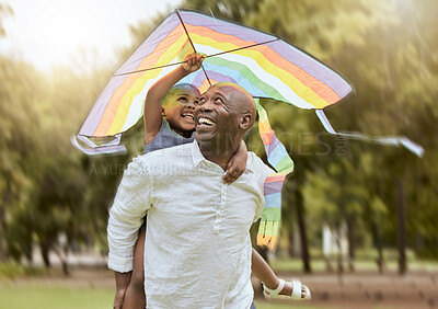 Buy stock photo Father, child and rainbow kite outdoor at a nature park for fun, bonding and trust of life insurance and savings of a black family having fun. Black man giving girl piggy back ride on vacation