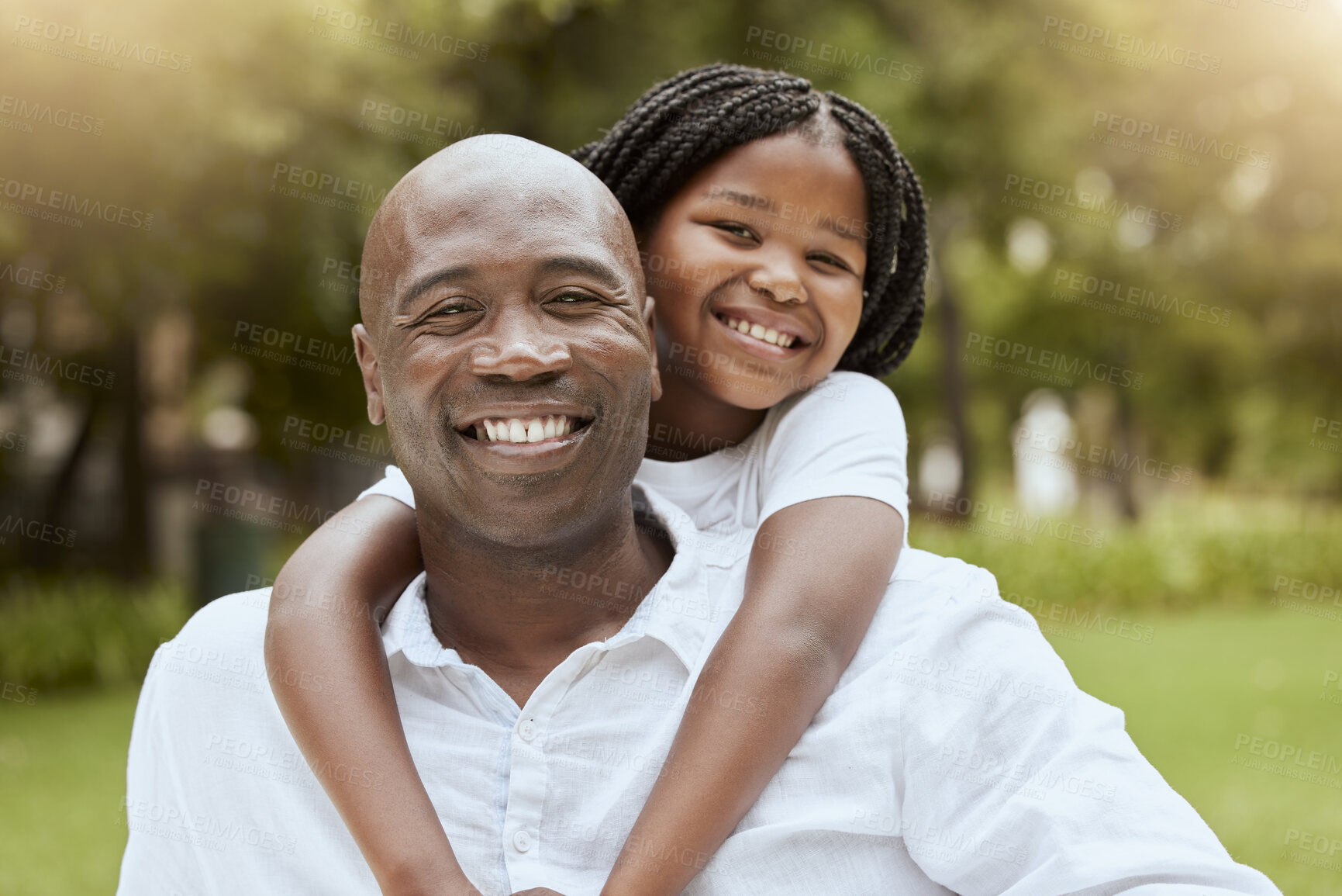 Buy stock photo Portrait of dad, girl in nature park and bonding together with a happy smile, piggyback hug and love. Black man, smiling child outdoors and relax on grass in summer sun on childhood holiday wellness 