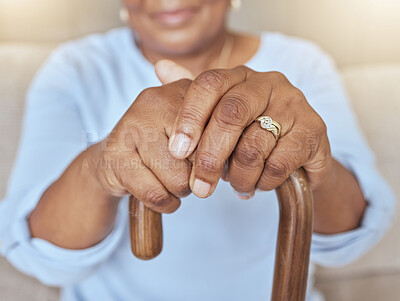 Buy stock photo Life insurance, hope and hands of old woman with walking stick for a disability or balance in a nursing home. Zoom and elderly person with funeral cover, marriage ring and gratitude in retirement  
