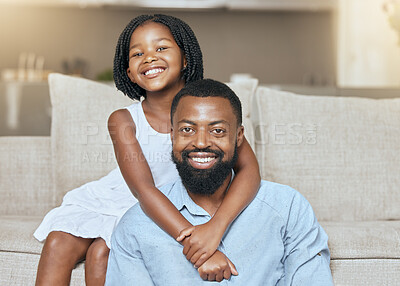 Buy stock photo Love, black man father and girl hug, smile and in living room on sofa, with happiness and loving together. Portrait,  African American dad and daughter embrace, happy and bonding in lounge on couch.