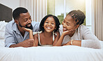 Black family, girl and smile on bed for portrait with mom, dad and happiness in bonding, care or embrace. Happy family, daughter or child together in bedroom with black woman, quality time and father