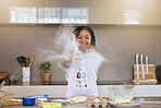 Education, learning and portrait of black girl cooking in kitchen and having fun. Development, baking and happy kid chef playing with flour, preparing egg and delicious food recipes alone in house.
