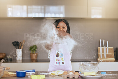 Buy stock photo Education, learning and portrait of black girl cooking in kitchen and having fun. Development, baking and happy kid chef playing with flour, preparing egg and delicious food recipes alone in house.
