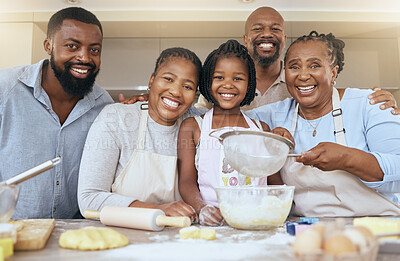 Buy stock photo Happy black family portrait, baking or cooking education in kitchen for pizza, learning development or teaching kid in house. Hobby, bakery or happy family for love, support or breakfast at home
