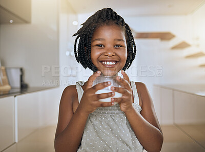 Buy stock photo Child, happy and healthy milk drink for energy vitamins or health wellness at home. Black girl portrait, glass and drinking dairy breakfast or calcium nutrition for kids teeth health care in kitchen