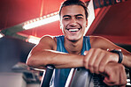 Fitness, smile and portrait of man in gym, happiness in workout exercise with equipment in studio. Happy personal trainer or coach with smile on face, motivation and relax on break at sports training