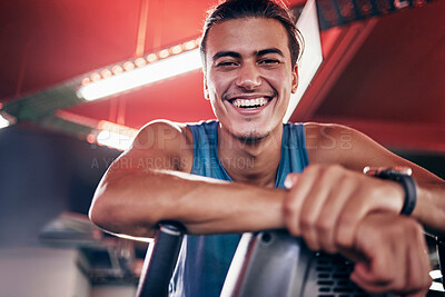 Fitness, smile and portrait of man in gym, happiness in workout exercise with equipment in studio. Happy personal trainer or coach with smile on face, motivation and relax on break at sports training
