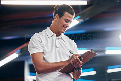 Buy stock photo Personal trainer, coach and man writing on clipboard for gym membership, sign up and information for subscription with a smile. Happy male worker with paper for checklist, schedule or workout plan