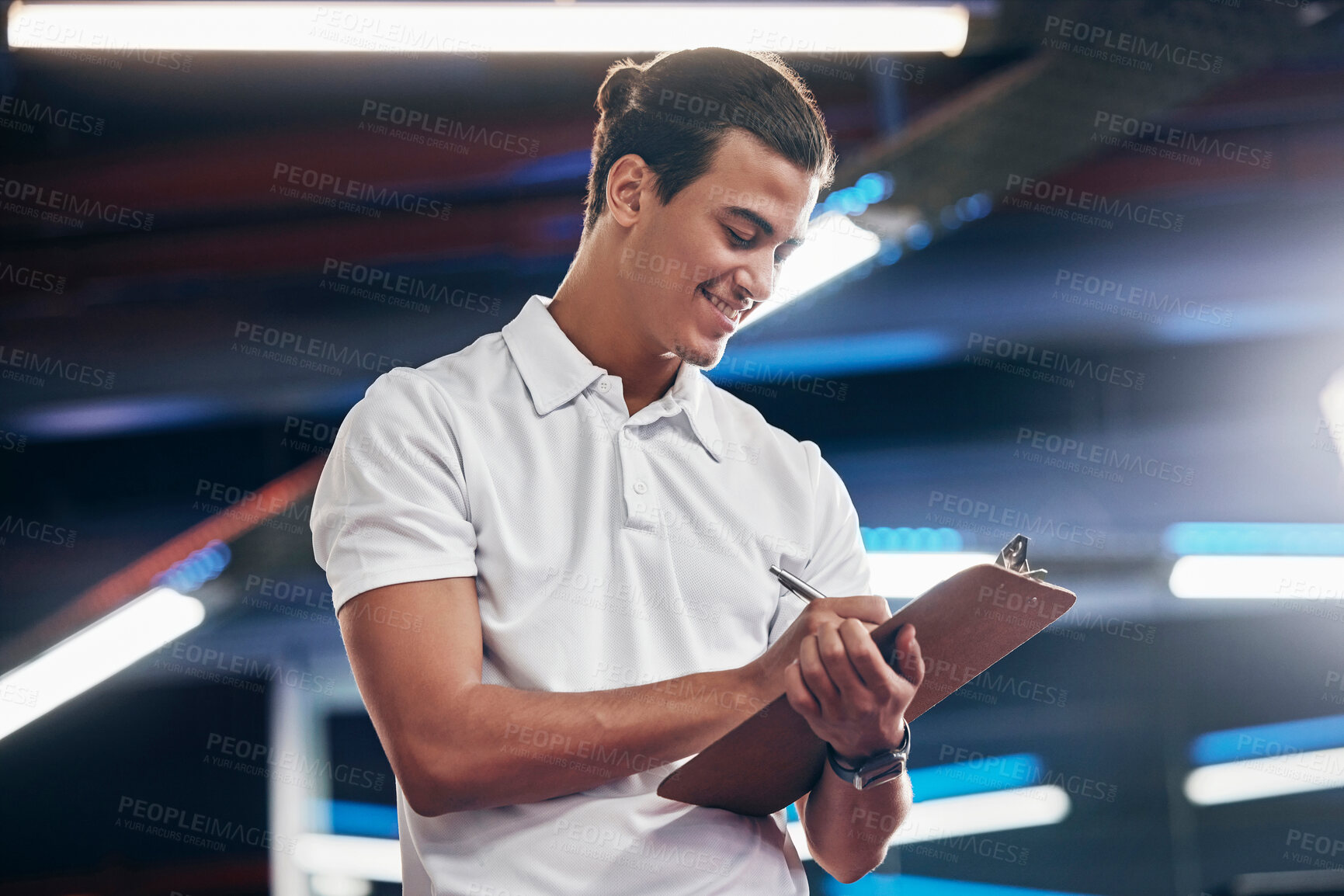 Buy stock photo Personal trainer, coach and man writing on clipboard for gym membership, sign up and information for subscription with a smile. Happy male worker with paper for checklist, schedule or workout plan