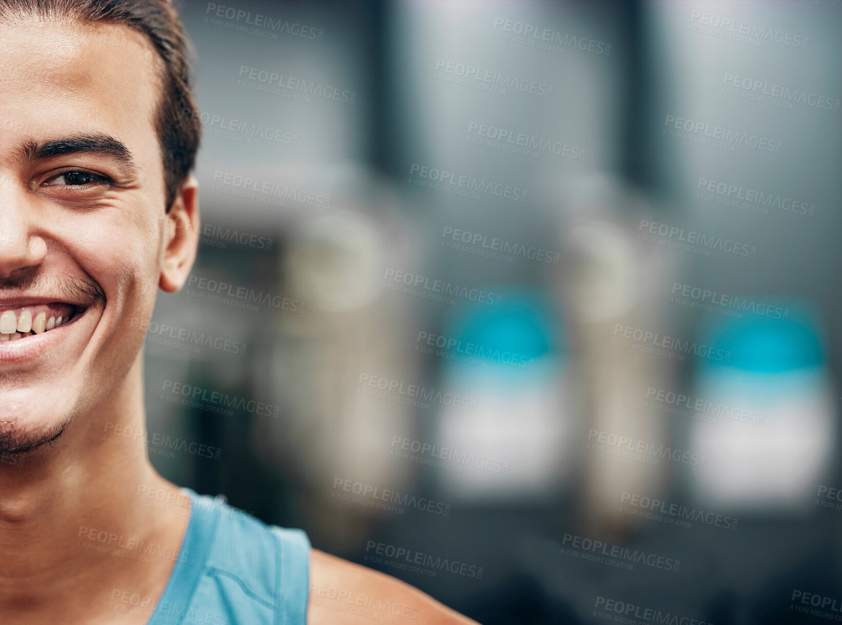 Buy stock photo Portrait, happy fitness and man in gym for workout, training and sports motivation, mission and goals for marketing or advertising. Smile on face and vision of a young athlete with exercise wellness