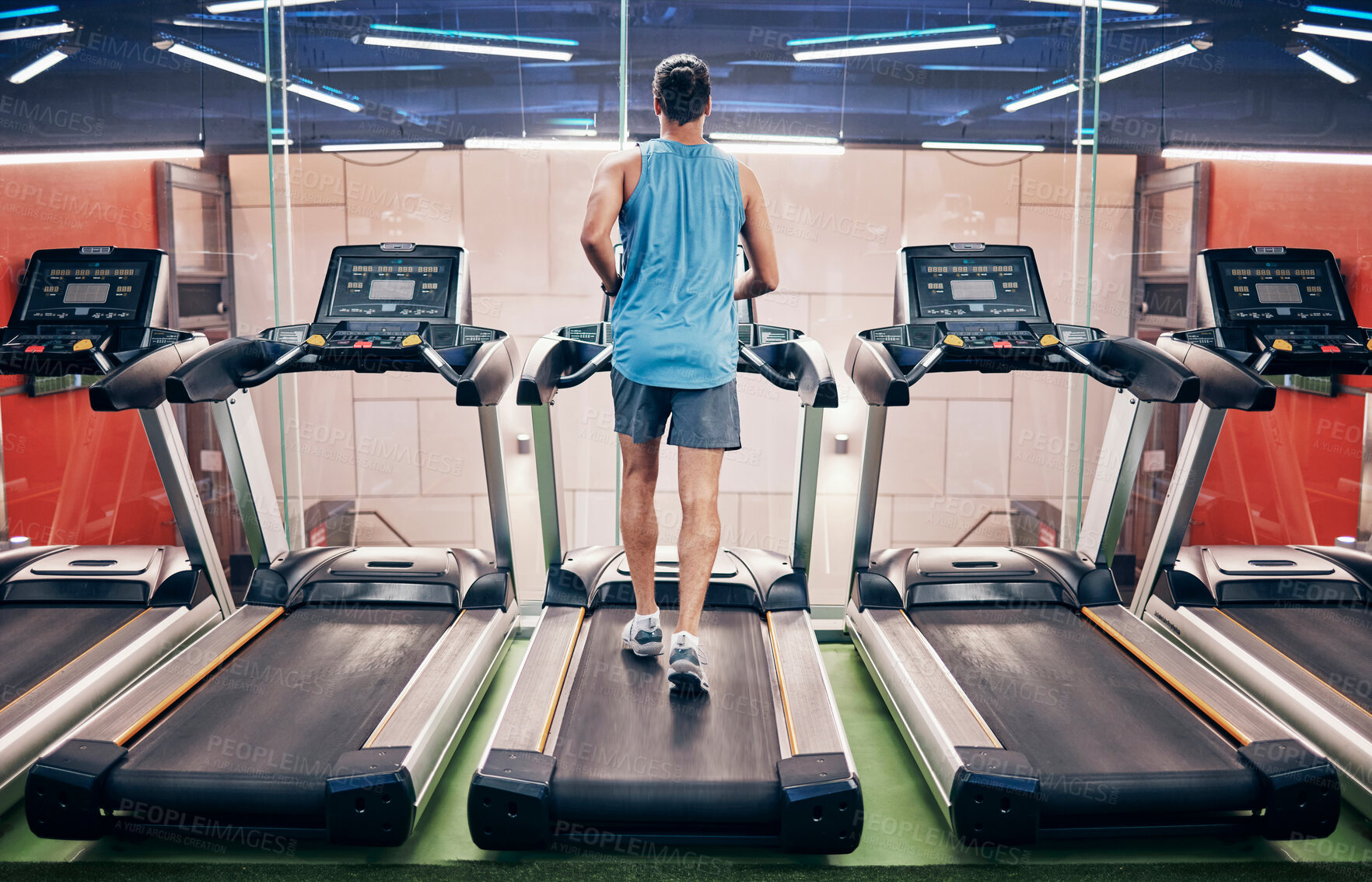 Buy stock photo Fitness, man and running on treadmill at the gym for healthy cardio, exercise or weight loss workout. Active sports male runner training or exercising on stationary equipment for a run at health club