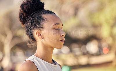 Buy stock photo Woman, mediation and yoga with breathing, exercise and zen outdoor in a nature park in spring with peace. Freedom, healthcare lifestyle or relax gen z girl meditate for chakra energy balance or faith