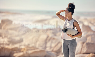 Buy stock photo Fitness exercise, yoga mat and black woman at beach preparing for workout outdoors with mockup. Zen, mindfulness meditation and happy female from South Africa ready for pilates training at seashore.