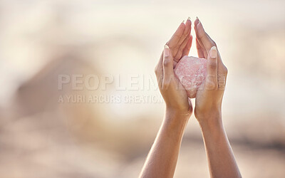 Buy stock photo Woman, crystal hands and zen outdoor in nature for healing wellness, mindfulness or peace with spirit rock. Rose quartz, energy stone or calm spiritual meditation for growth, health or relax for girl