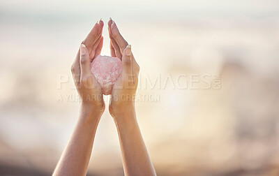 Buy stock photo Woman, crystal hands and outdoor healing in nature for zen wellness, mindfulness or peace with spirit rock. Energy stone, rose quartz or calm spiritual meditation for growth, health or relax for girl