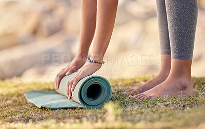 Buy stock photo Yoga mat, pilates start and nature of a woman doing fitness, chakra exercise and wellness training. Peace meditation, spiritual zen and hand roll a balance mat for meditate and holistic workout