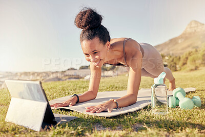Buy stock photo Tablet, woman and workout for meditation for exercise, relax and health to connect in nature. Digital device, black girl or female with online tutorial, fitness class and wellness on yoga mat