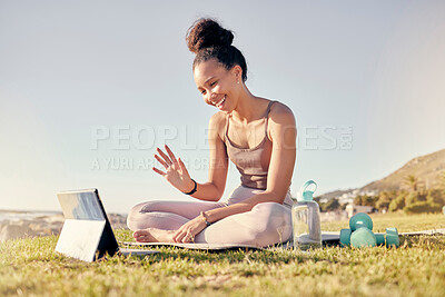 Buy stock photo Fitness, woman and tablet call for yoga exercise, training or workout on the grass in the outdoors. Happy female waving for video call on touchscreen in spiritual wellness, zen or lifestyle in nature