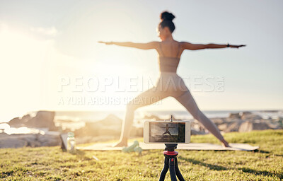 Buy stock photo Yoga, fitness and live streaming woman smartphone in nature for social media, influencer blog or wellness content creation. Stretching, pilates and fitness content creator girl with videography app