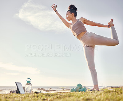 Buy stock photo Yoga, tablet and nature with a woman athlete by the ocean for inner peace, wellness or zen exercise. Fitness, health and technology with a female yogi enjoying the view while stretching for training