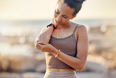 Buy stock photo Black woman, elbow pain and fitness injury from workout, exercise or running accident in the outdoors. African American female holding arm or painful area suffering from inflammation, joint or ache