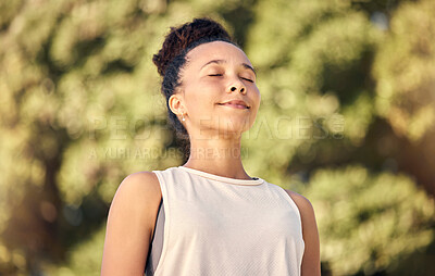 Buy stock photo Black woman, happy and doing meditation exercise breathing, smile and outdoor for wellness, being calm in nature. Bokeh, African American female and healthy girl being peaceful, workout and yoga.