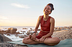 Yoga mat, black woman, and outdoor at beach, meditation and wellness to relax and peace. Portrait, African American female, lady and smile for exercise, pilates and fitness with peaceful seaside view