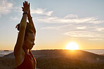 Yoga, sunset and nature with black woman at beach for meditation, zen exercise and prayer, hands for calm and peace. Fitness, woman outdoor for workout for healthy lifestyle, energy and mindfulness