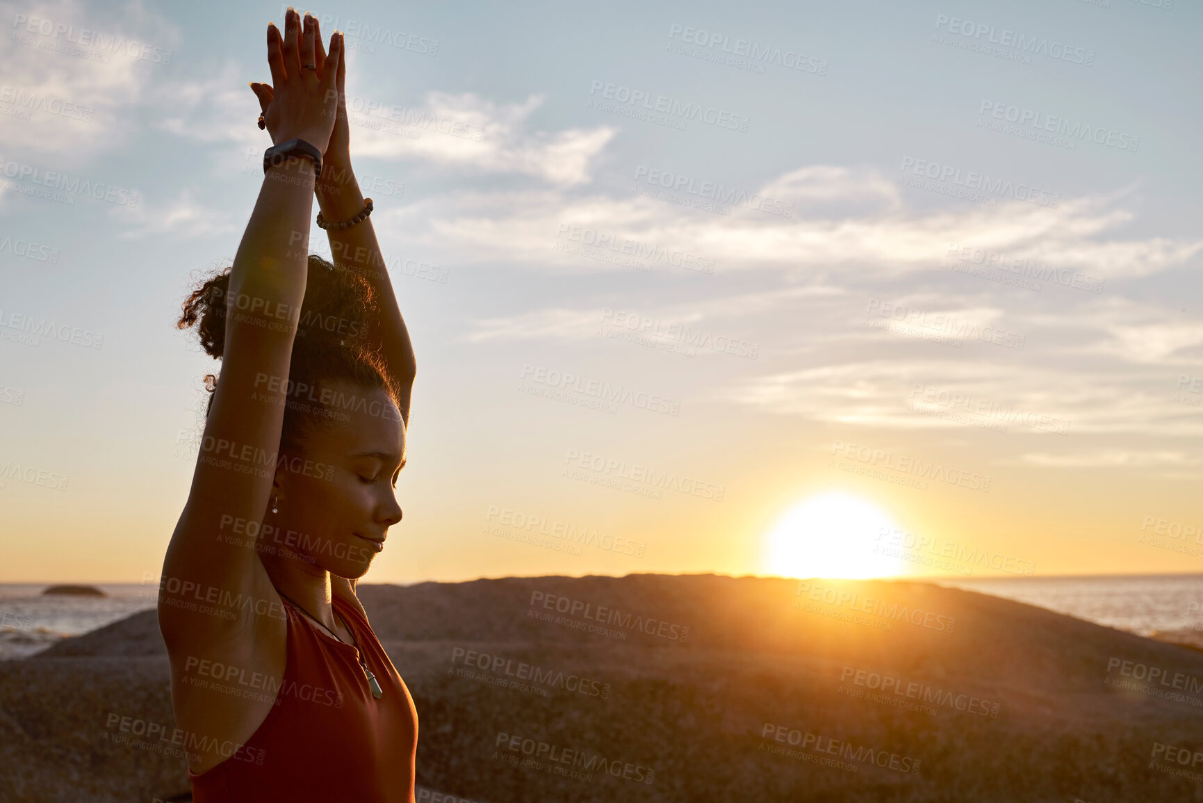 Buy stock photo Yoga, sunset and nature with black woman at beach for meditation, zen exercise and prayer, hands for calm and peace. Fitness, woman outdoor for workout for healthy lifestyle, energy and mindfulness