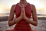 Hands, woman and yoga for meditation, zen balance and exercise with focus. Calm fitness girl with workout in Hawaii with mindfulness, body and wellness training at the ocean during sunset in summer