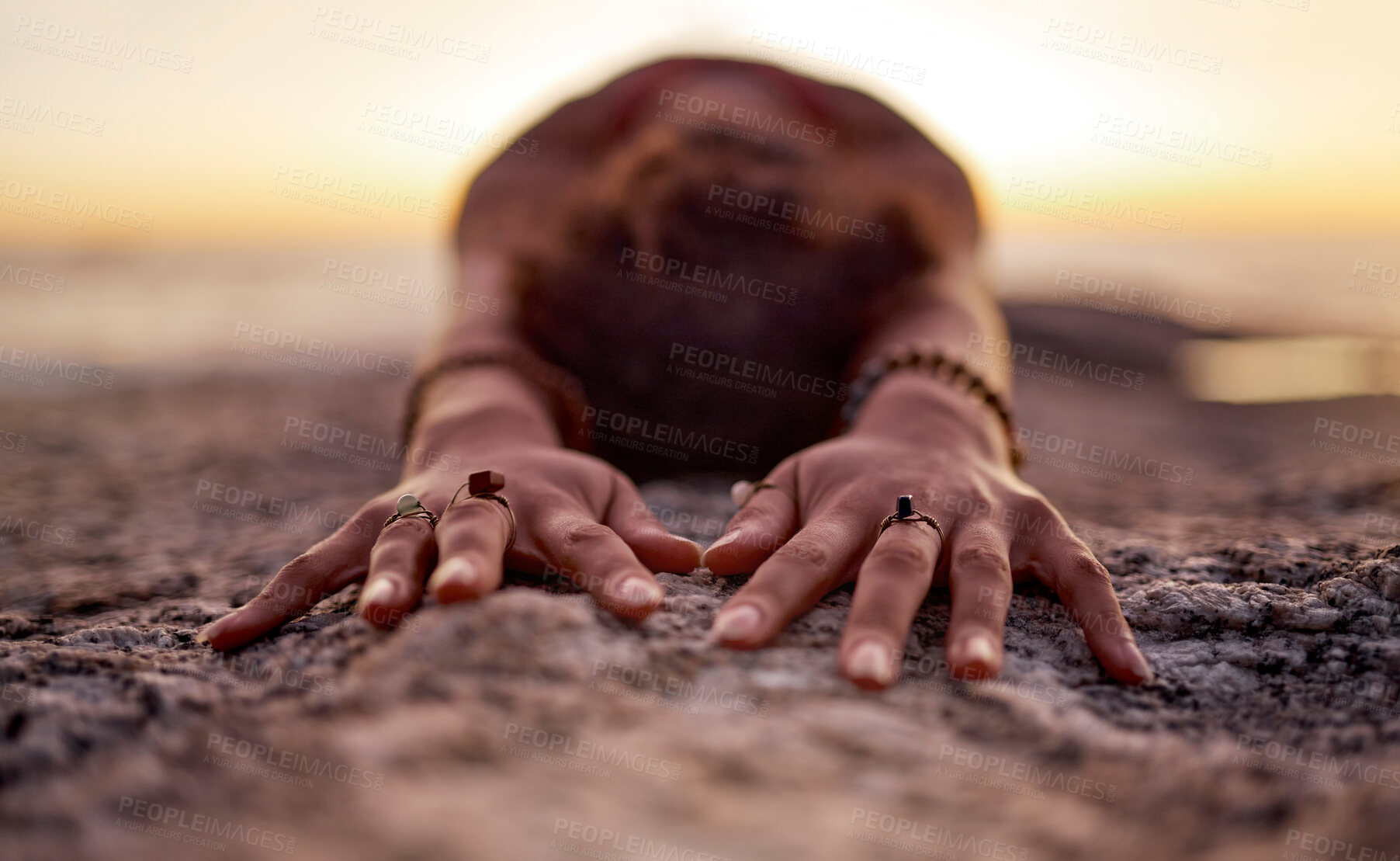 Buy stock photo Yoga, pilates and beach hands with zen of a woman on ocean sand for chakra and wellness meditation. Training, exercise and spiritual mindset of a athlete at sunset and nature in Miami stretching