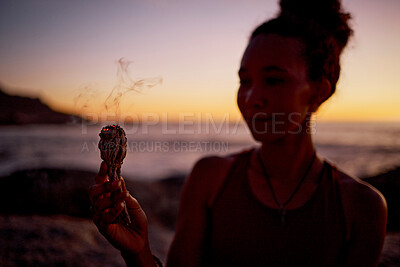 Buy stock photo Burning sage, yoga and black woman with wellness and meditation outdoor, sunrise cleansing ritual. Healing, spiritual with chakra and aromatherapy, cleaning of aura smoke and mindfulness. 