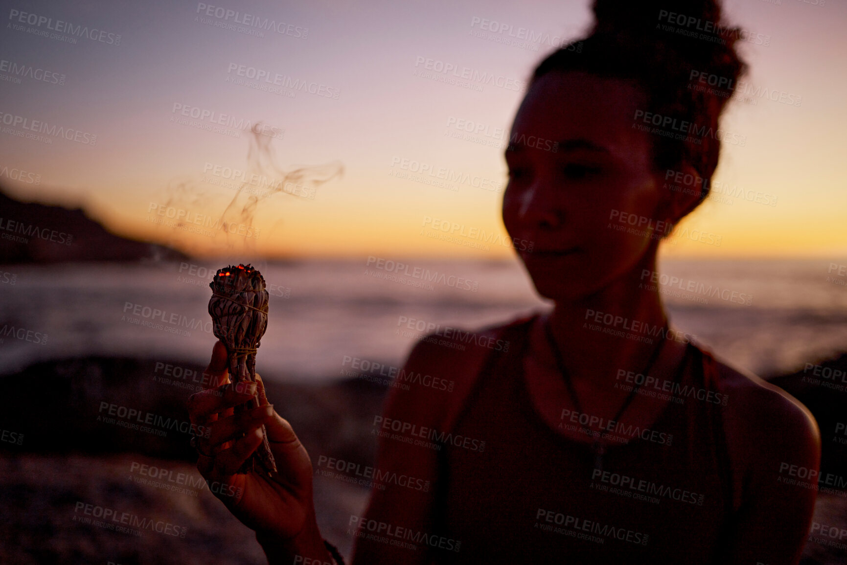 Buy stock photo Burning sage, yoga and black woman with wellness and meditation outdoor, sunrise cleansing ritual. Healing, spiritual with chakra and aromatherapy, cleaning of aura smoke and mindfulness. 