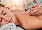 Physical therapy, aromatherapy and spa woman in healing, healthcare and wellness treatment for body care and relax massage. Sleeping client or patient with moxibustion smoke therapy of expert hands