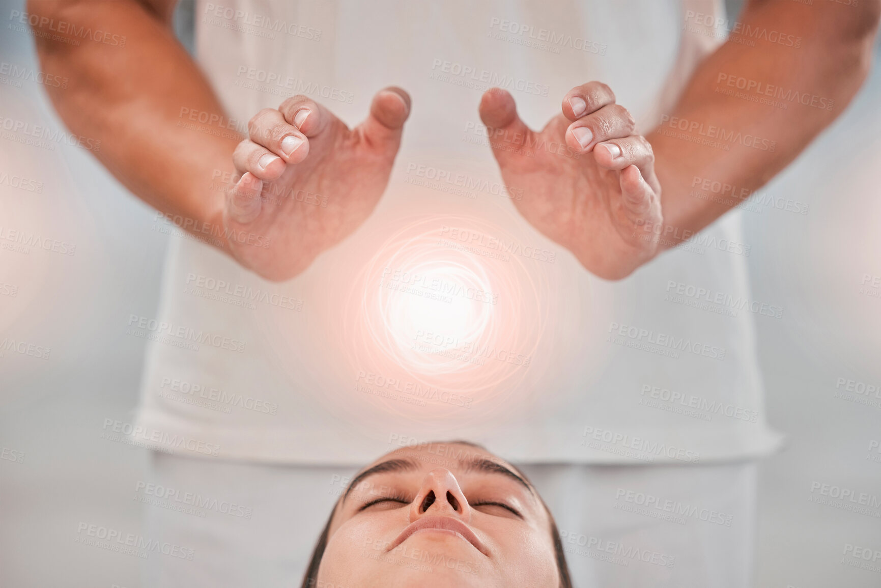 Buy stock photo Therapy, massage and reiki with digital overlay above the head of a woman client in a spa to relax. Hands, special effects and detox with a female customer lying on a bed for wellness or luxury