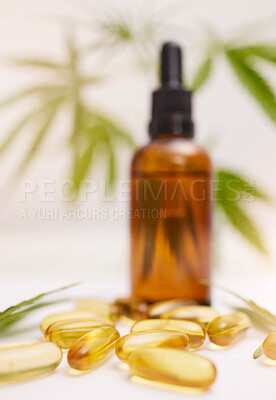 Buy stock photo Cannabis, oil and marijuana healthcare pills for legal stress plant or anxiety medicine. Cbd hemp product, luxury 420 medical wellness and natural medical weed for relax health in leaf background